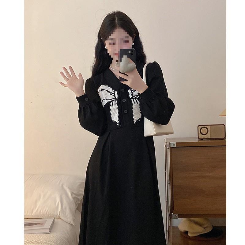 #348实拍 大码女装胖mmV领气质显瘦连衣裙蝴蝶结闺蜜小黑裙a字裙