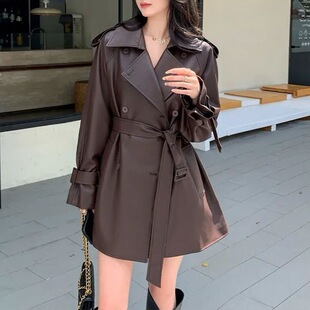 时尚 韩版 小个子皮夹克皮风衣外套女高级感 新款 棕色皮衣女2026春季