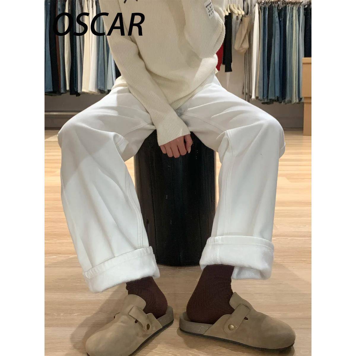 白色阔腿加绒牛仔裤女2025秋冬新款高腰宽松显瘦垂坠感拖地直筒裤