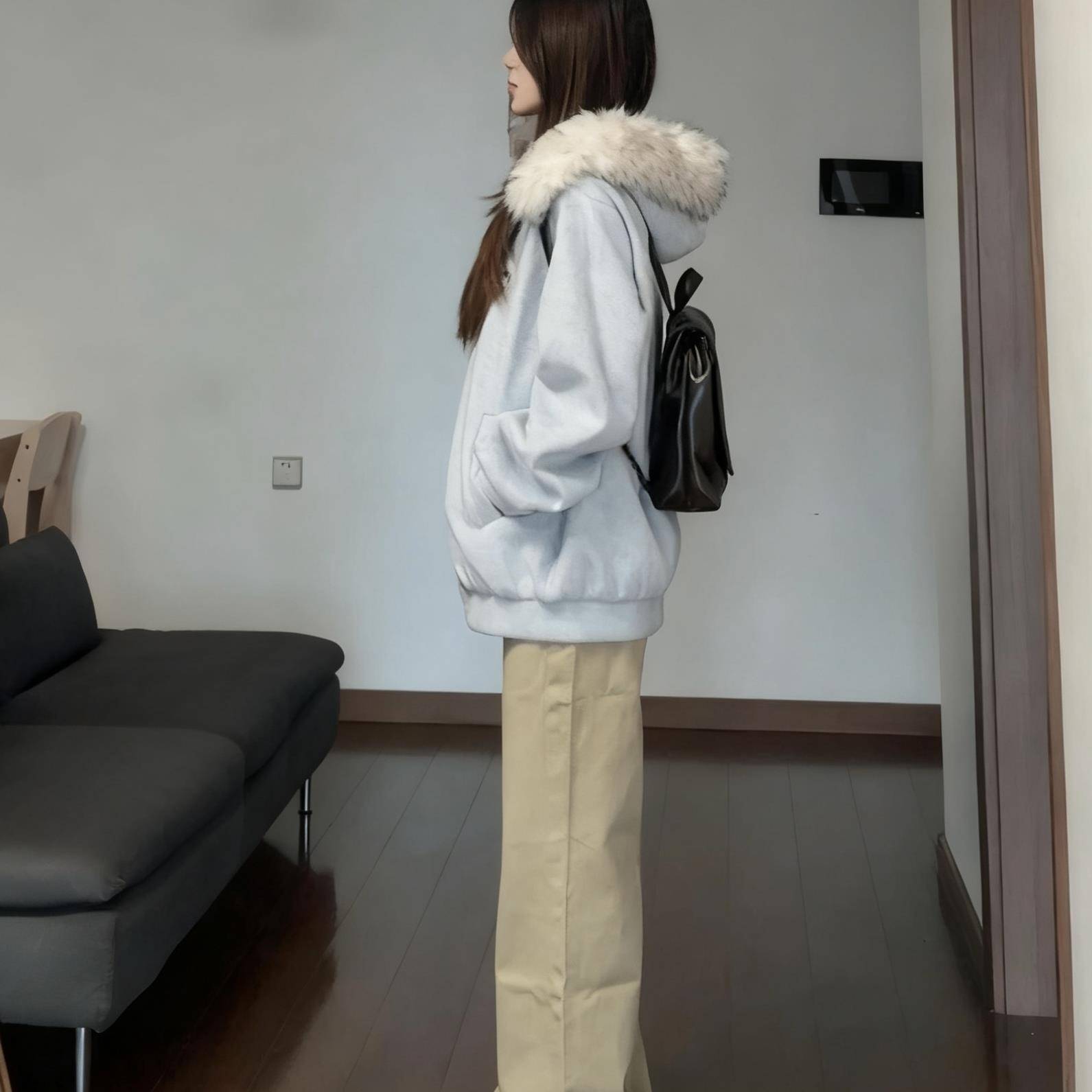 美式复古毛领连帽开衫卫衣女2025秋冬韩系高级感加厚保暖毛呢外套