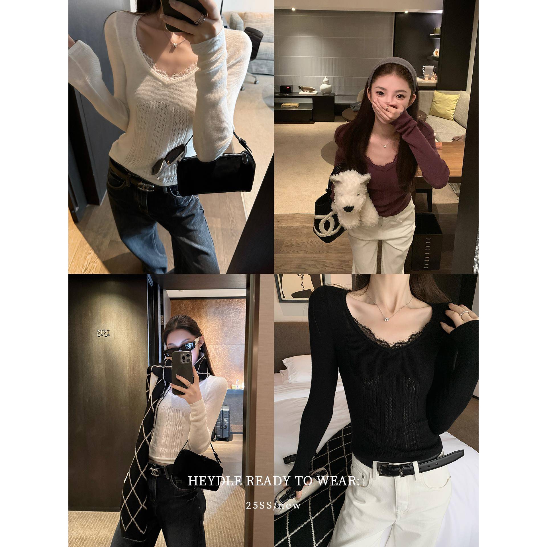 黑豆哼哼 冬日特调*绵羊毛混纺蕾丝拼接针织衫V领修身打底上衣女