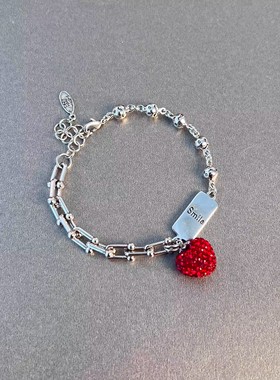 S925银韩系红闪钻小熊吊牌手链