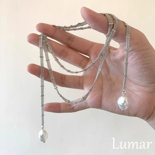 S925纯银白色蕾丝链条缠绕项链女轻奢高级感长款叠戴珍珠锁骨颈链