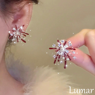 S925银爆闪红色滴釉烟花锆石耳钉女轻奢高级感新年氛围感气质耳夹