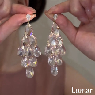 高级感轻奢气质耳饰 爆款 S925银爆闪白水晶长款 流苏耳环女2025新款