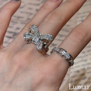 S925纯银爆闪满钻蝴蝶结戒指女轻奢高级感精致时尚气质叠戴食指戒