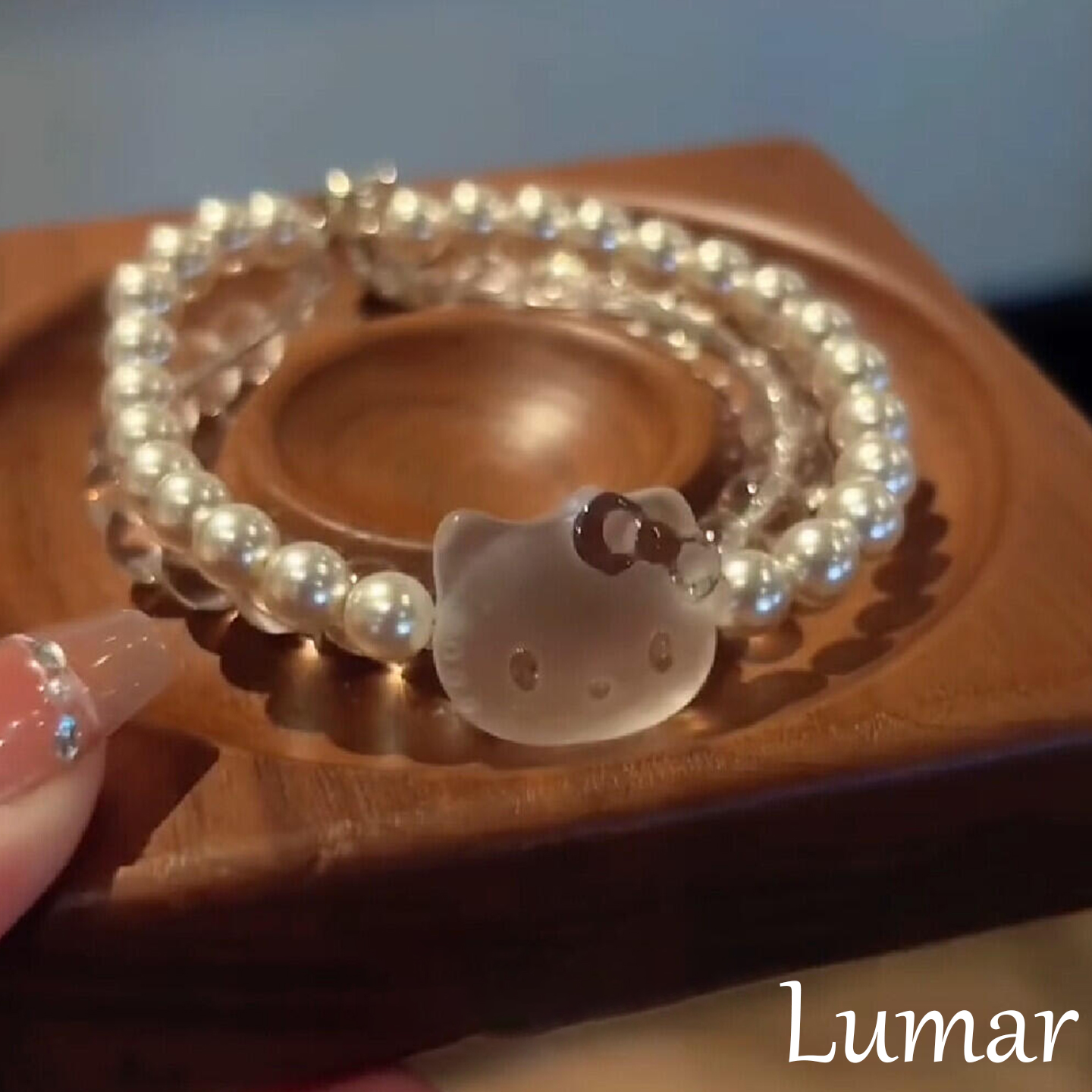 S925纯银磨砂白水晶KT猫珍珠手链女轻奢小众精致高颜值学生党手串