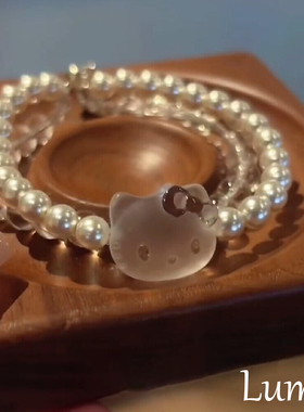 S925纯银磨砂白水晶KT猫珍珠手链