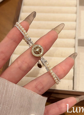 S925纯银金色八芒星珍珠手链女款