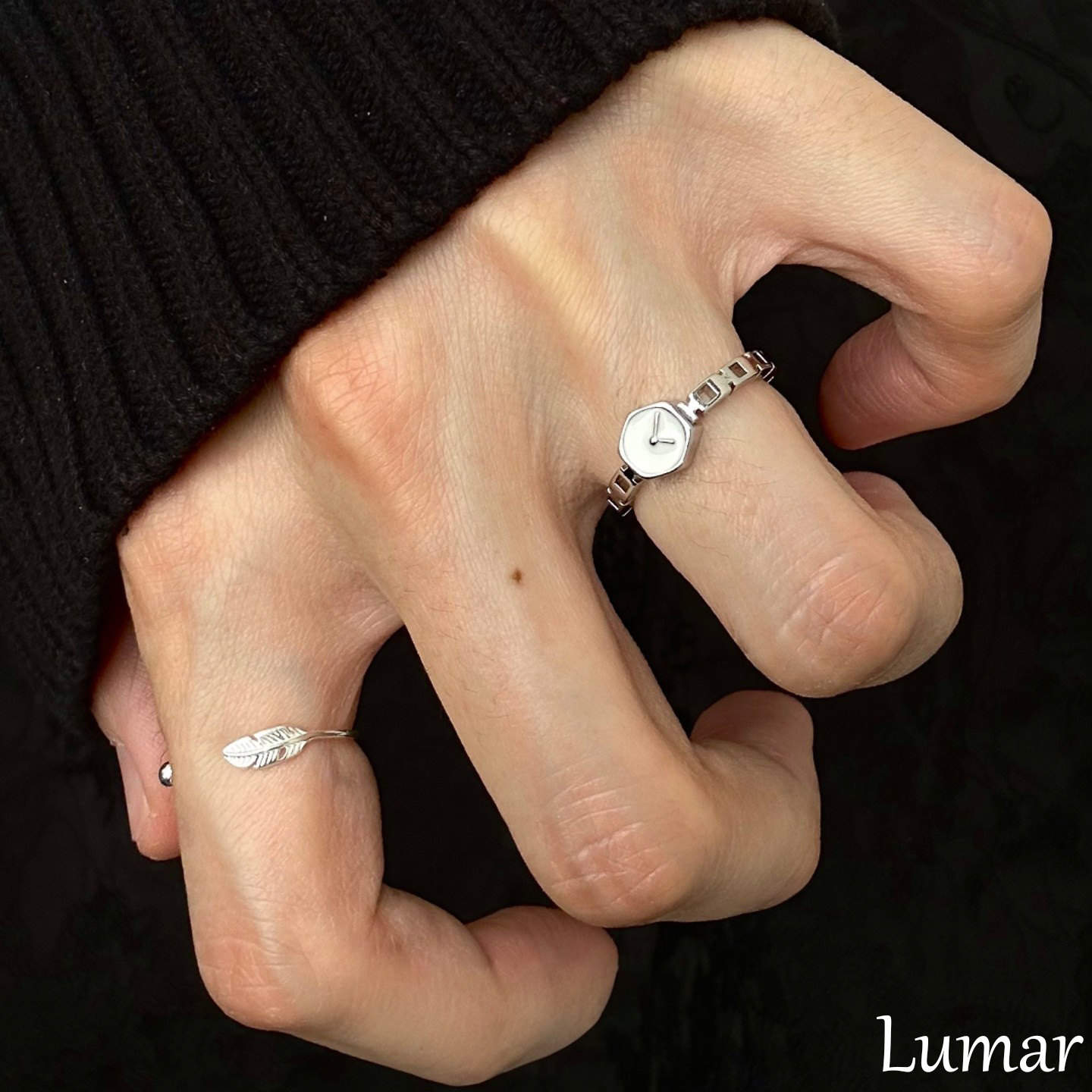 S925银复古做旧手表羽毛戒指女老钱风个性食指戒小众设计开口指环