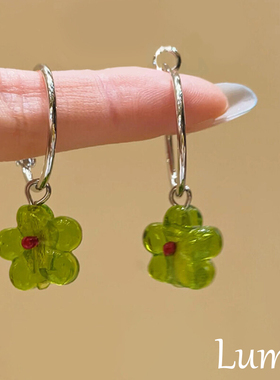 S925纯银小清新绿色小花耳环女高级感轻奢小众设计度假风配饰耳钉