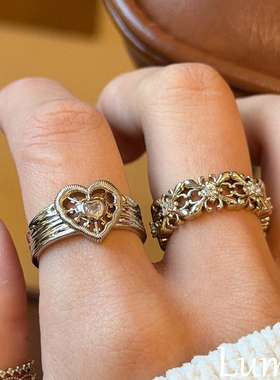 S925纯银中古爱心蕾丝镂空戒指女