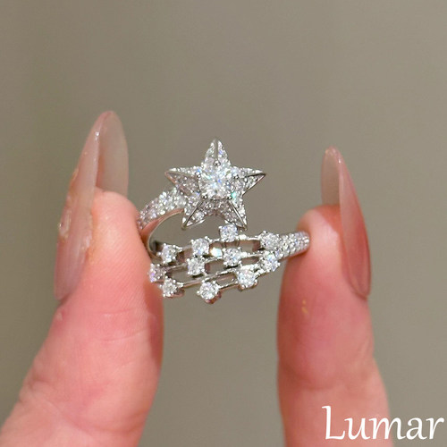S925纯银爆闪满钻星星戒指女轻奢