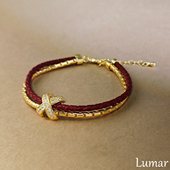 S925纯银红色交叉字母皮绳手链女款 设计感冷淡风双层手饰 2026新款