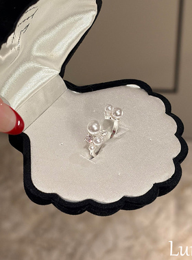 S925纯银法式银色珍珠戒指女轻奢