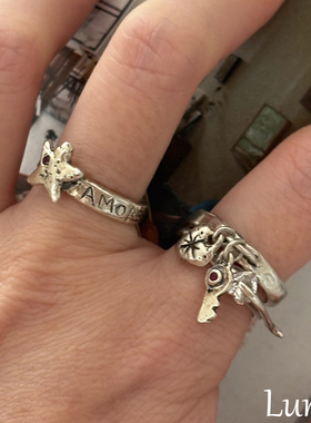 S925银老钱风五角星英文刻印戒指