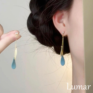 S925纯银森系长款蓝白树叶耳环女轻奢高级感小众设计耳夹女无耳洞