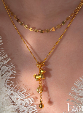 S925银马上有钱沙金小马吊坠项链