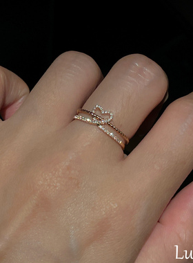 S925纯银双层爱心闪钻戒指女轻奢