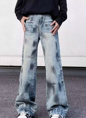 INFORMER国潮美式泼墨牛仔裤男潮牌痞帅阔腿裤宽松做旧破洞微喇裤