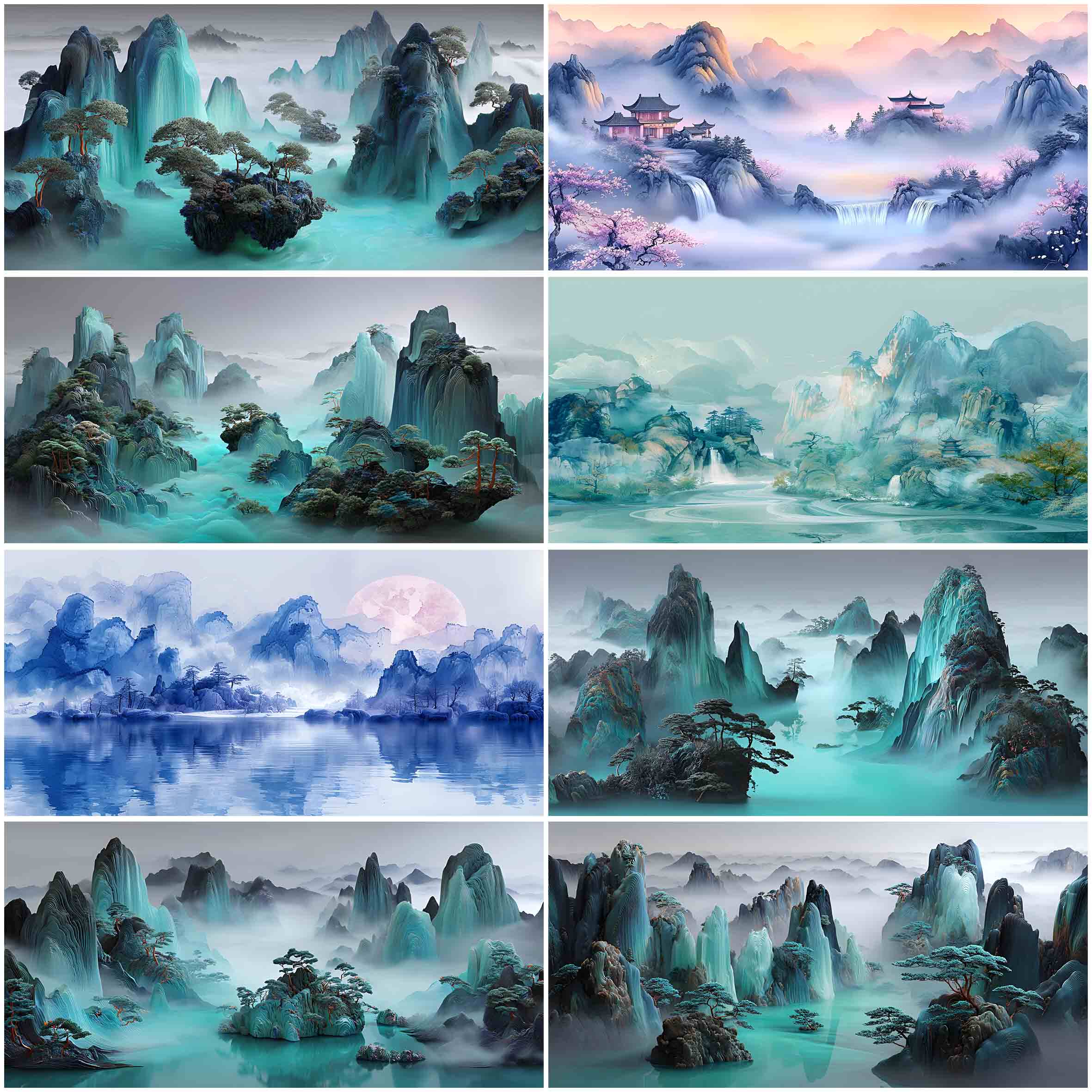 新款鱼缸背景贴纸山水风景壁画造景装饰画定制水族箱缸外自粘贴画