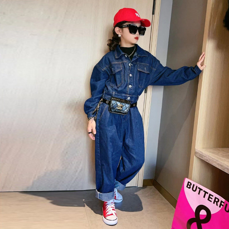 22春秋季女童收腰牛仔连体裤中大童亲子宽松洋气时尚阔腿连身裤潮