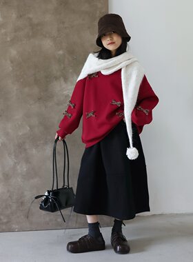 韩版女童红色加绒加厚豹纹卫衣