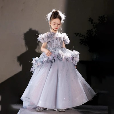 儿童礼服模特走秀蓝紫色大摆裙