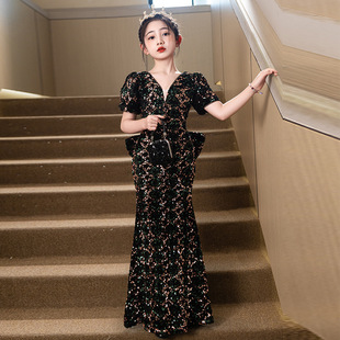 2025春季新款儿童礼服黑色亮片重工鱼尾款长裙女童模特走秀演出服