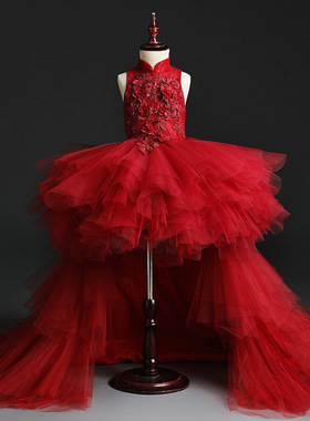 花童礼服女儿童婚纱女童公主裙蓬蓬纱模特走秀拖尾时尚红色晚礼服