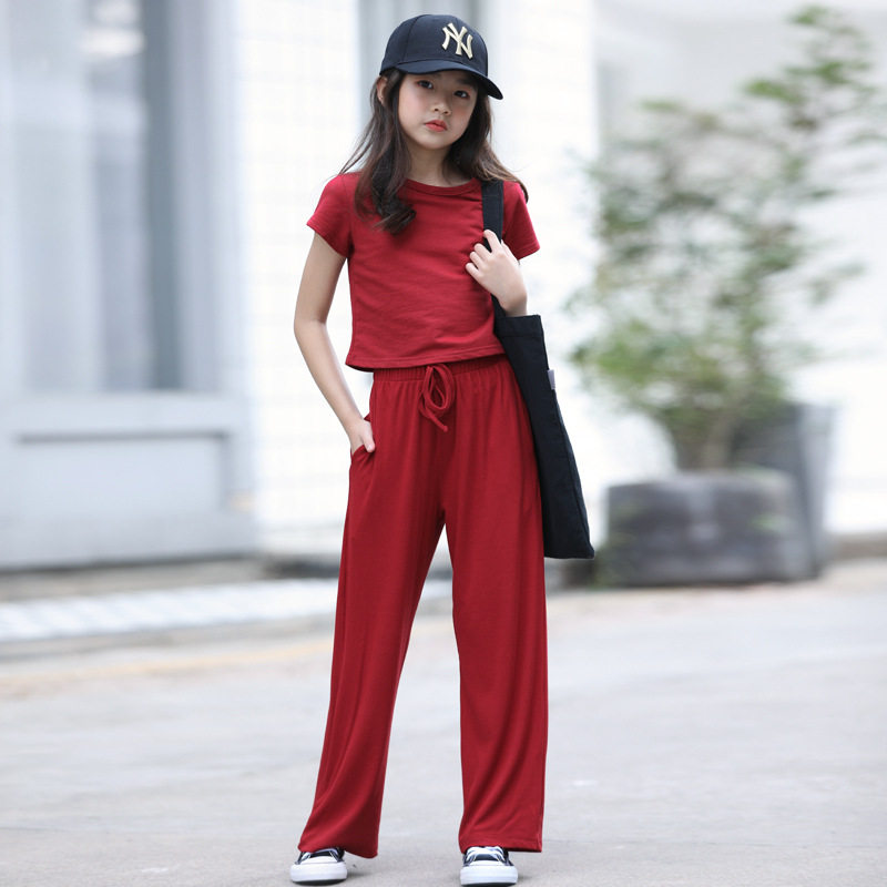 2020春夏新款女童韩版两件套纯色圆领简约休闲弹力暗红色裤子长裤