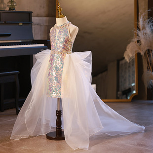 儿童礼服女童端模特走秀轻奢小女孩主持人亮片钢琴演奏演出服夏