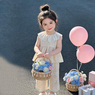 女童蕾丝两件套无袖韩版裤子夏季阔腿裤背心森女系休闲甜美田园风