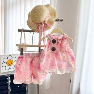 女童夏季公主风背心+短裤+草帽三件套女孩洋气渡假夏装休闲套装