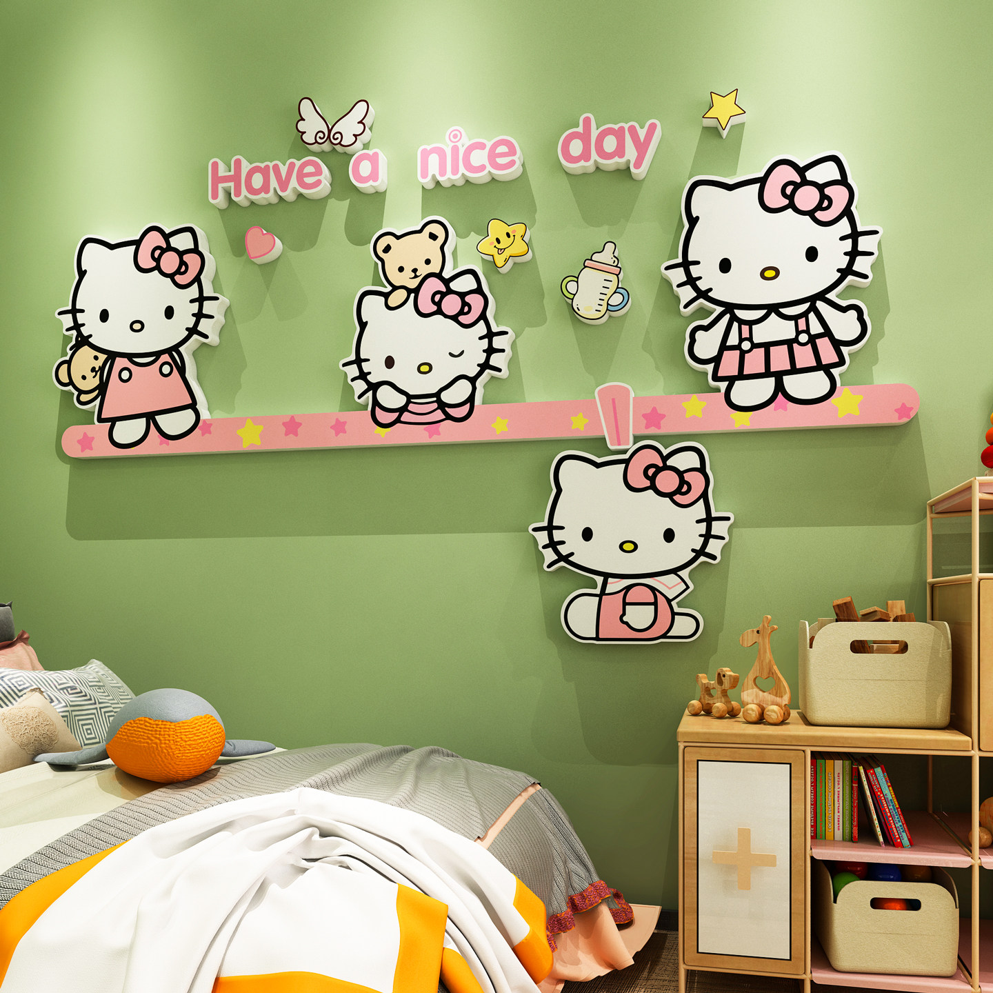 HelloKitty儿童房间装饰用品女孩公主房卧室床头背景3d立体墙贴画
