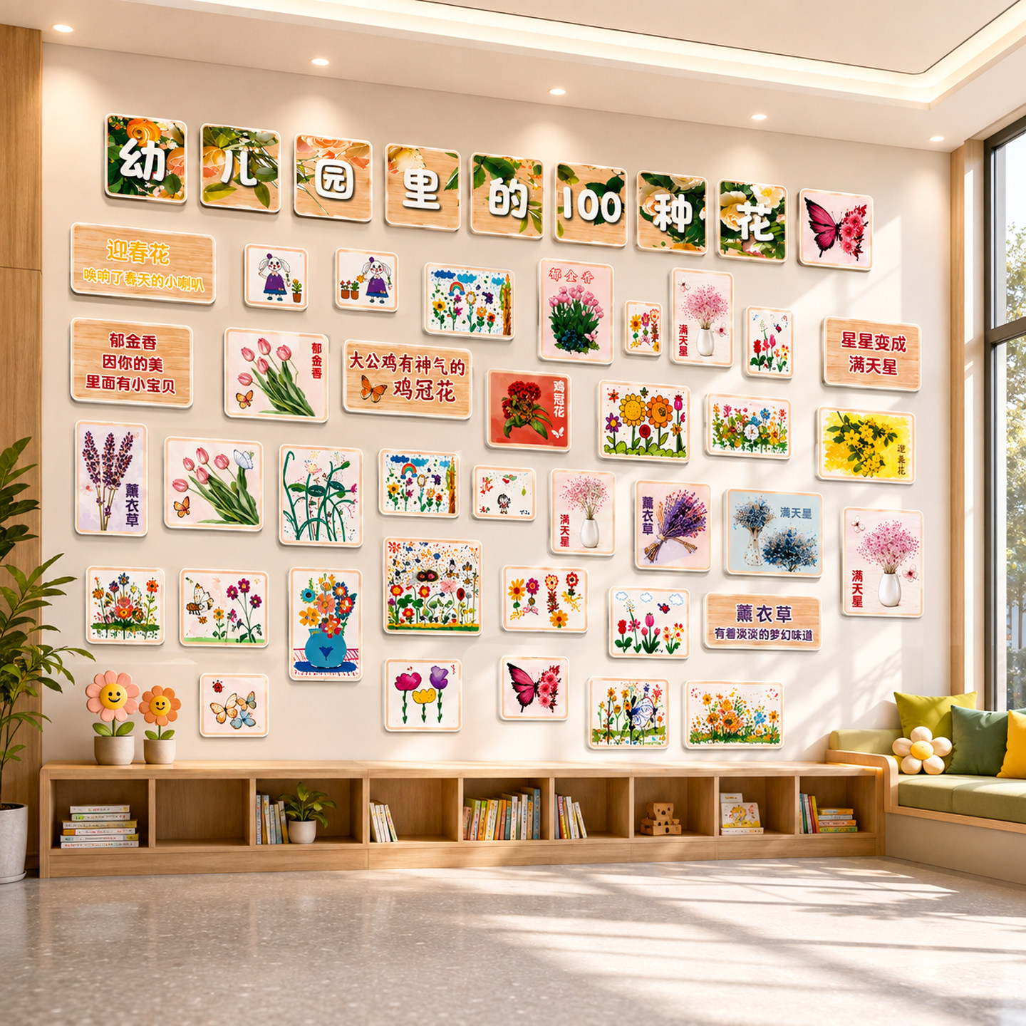 【幼儿园教室立体花卉墙贴】学校