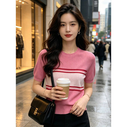 法拉 特价粉色圆领短袖针织衫女条纹拼色百搭打底衫气质时尚上衣