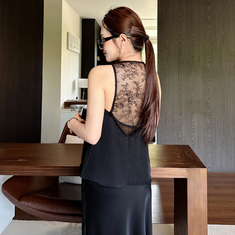 法拉法拉2025夏蕾丝衬衫简约镂空美背性感显瘦女背心半身裙两件套