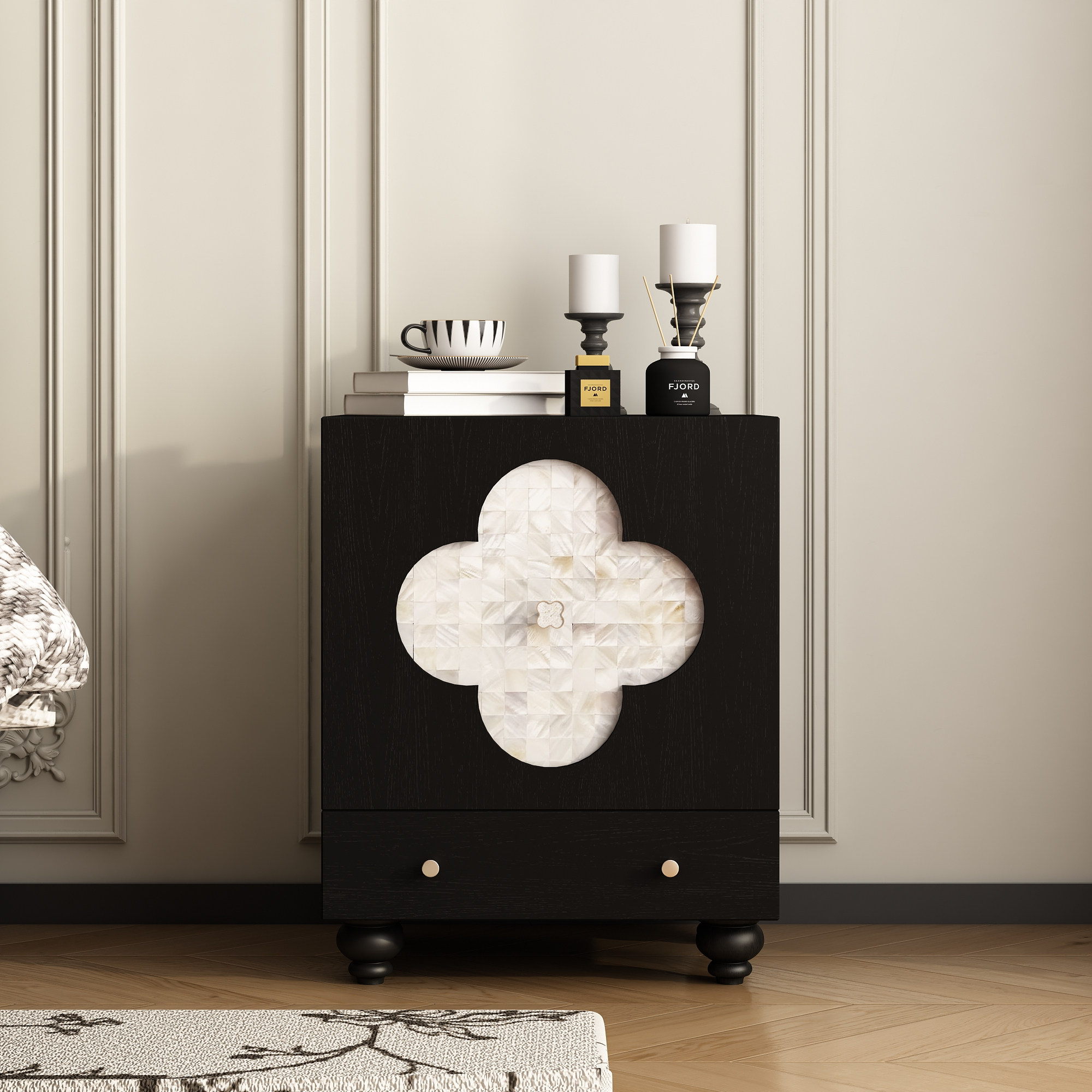 法式复古床头柜黑色中古风贝壳储物柜小户型卧室收纳柜家用床边柜,住宅家具,床头柜,淘宝优惠券,粉丝福利购,淘宝优惠卷