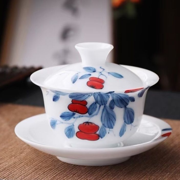 冰种手绘陶瓷盖碗白陶瓷羊脂玉耐高温防烫手盖碗家用办公高档茶碗