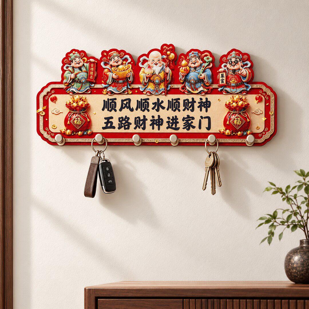 圈圈财神木质钥匙挂钩强力承重入户玄关免打孔装饰收纳无痕粘钩