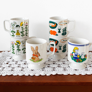 oohlala韩国代购 复古怪阿姨彩绘高脚马克杯陶瓷牛奶咖啡杯子ins