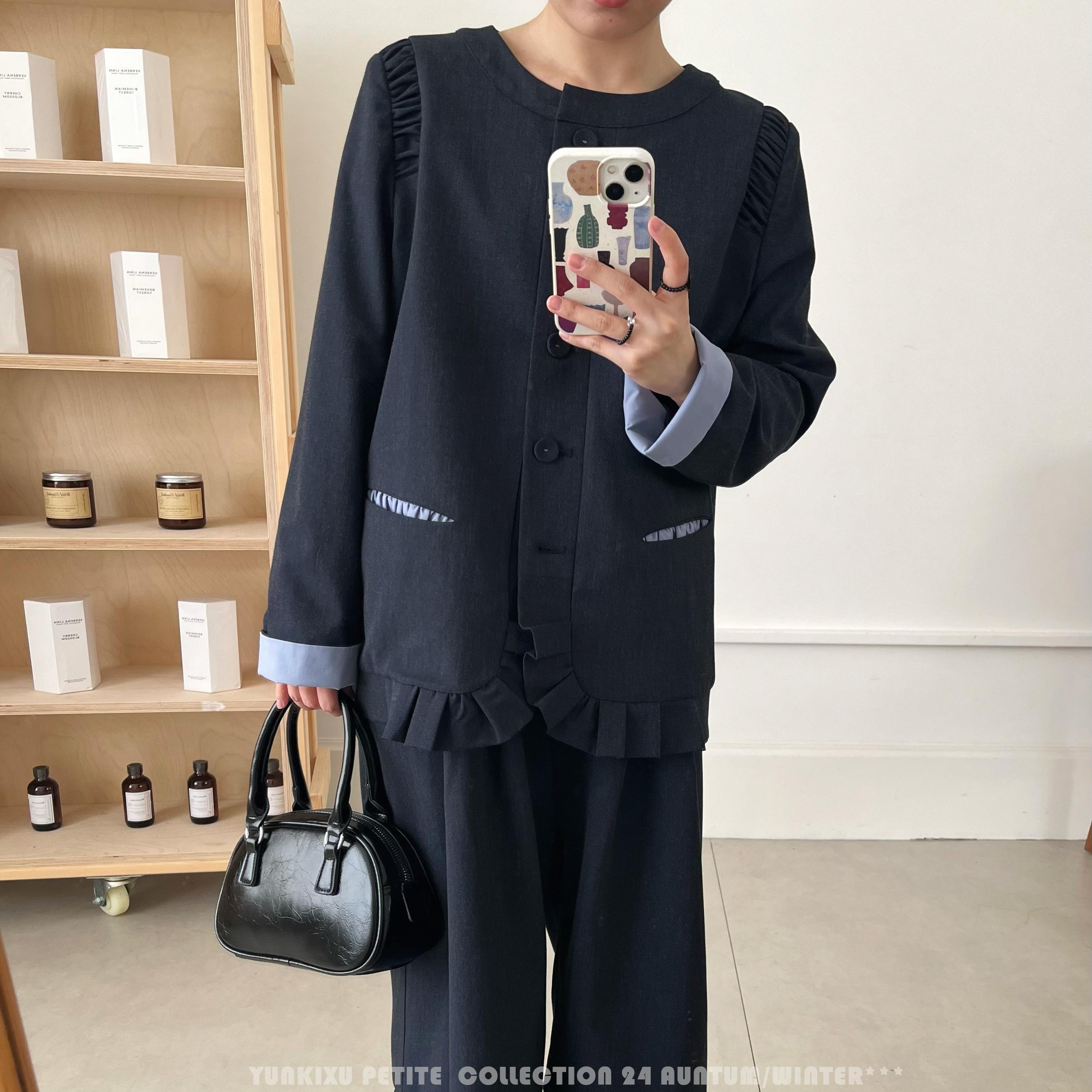 褶皱口袋荷叶边藏蓝西装羊毛俏皮