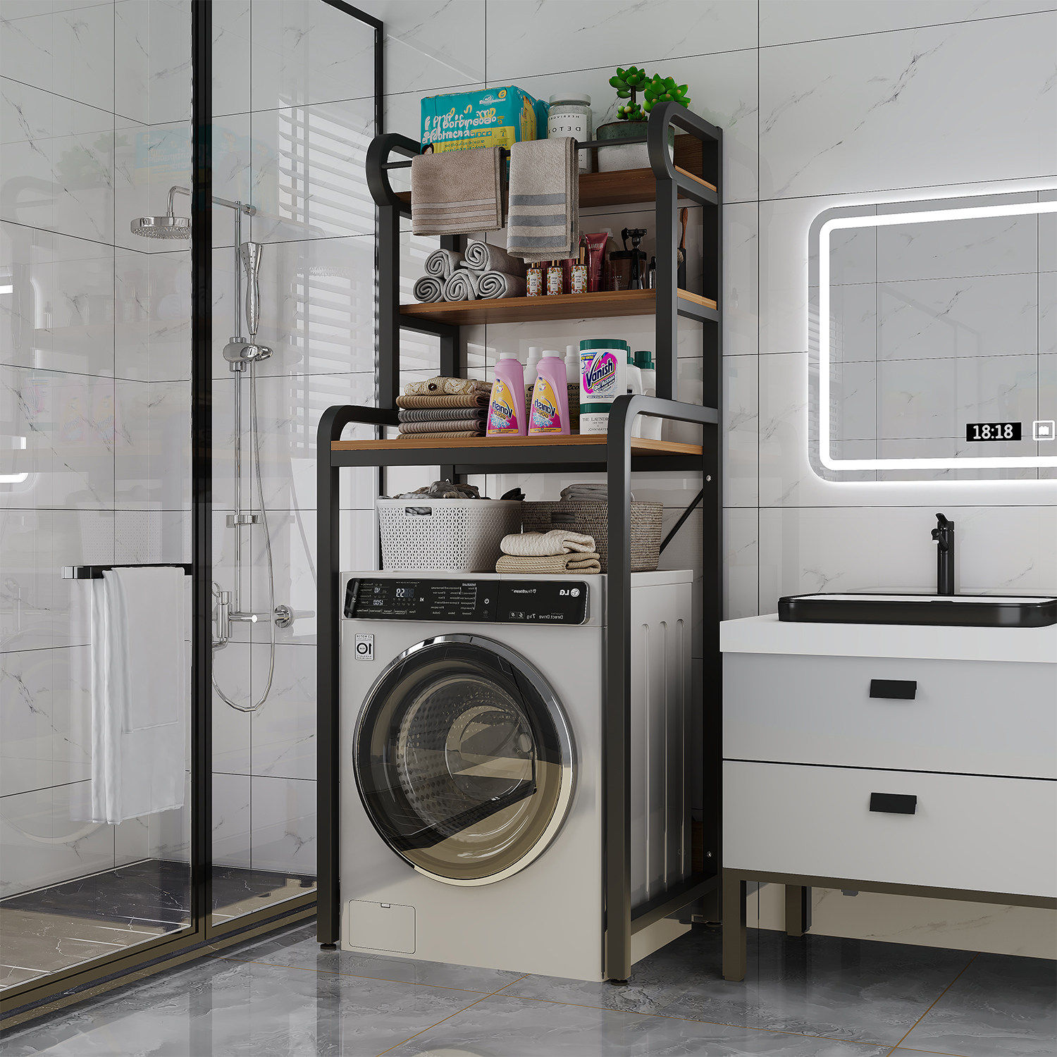 洗衣机置物架上方架子落地一体靠墙翻盖滚筒化妆室多层储物收纳柜