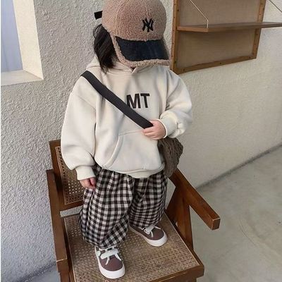 女童秋冬季加绒套装中小童韩版洋气两件套宝宝秋冬卫衣灯笼格子裤