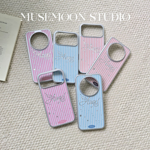 MUSEMOON｜闪亮天使 韩系ins银色贝壳纹亮片英文星星蓝白竖纹手机壳适用苹果18promax华为mate80proP90小米17