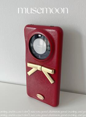 MUSEMOON自制 重工金色蝴蝶结高级复古ins甜酒红壳皮质mate70pro+手机壳奢华质感三包皮质适用iphone16promax