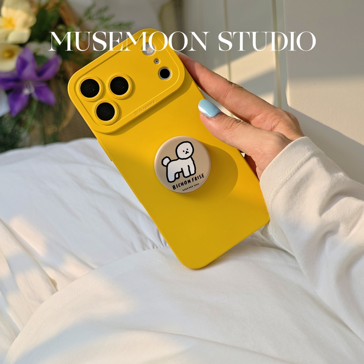 MUSEMOON|柠檬布丁比熊 韩系ins浅咖线条比熊小狗圆形粘贴支架柠黄色手机壳适用苹果18promax华为P90小米17