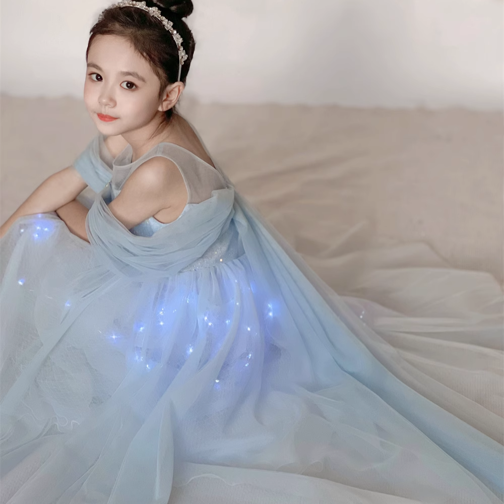 蓝色发光公主裙艾莎女童夏季生日洋气纱裙绝美儿童礼服爱莎连衣裙