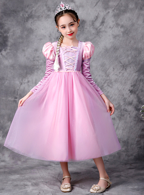 2024冰雪奇缘生日礼服新款长发公主裙女童春秋新款紫色丝绒连衣裙